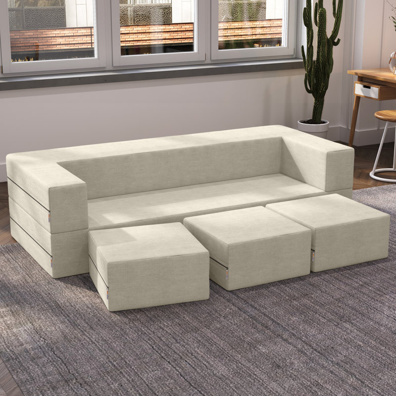 Shontae Zipline Convertible Compression Sleeper Sofa, Three Ottomans, & Pillows / California King-Size Bed, Textured Microvelvet