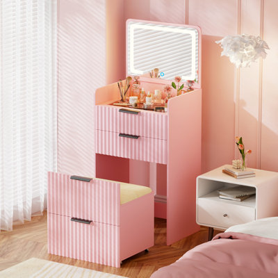 Compact Vanity Desk With Flip-up Led Mirror, Glass Drawer, And Hidden Stool Storage