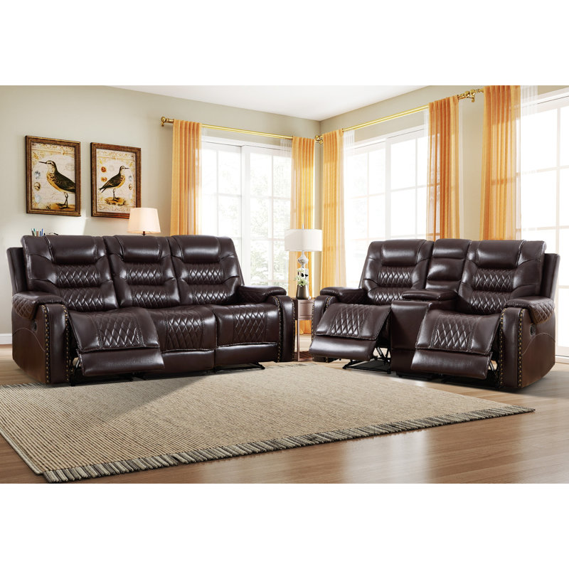Ensemble de salon inclinable manuel en similicuir 2 pièces - Siège spacieux avec rangement et porte-gobelets, Marron foncé