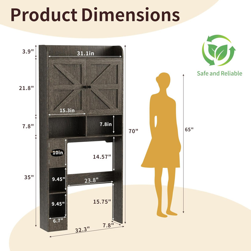 32''W Over The Toilet Storage Cabinet With Barn Doors, Tall Bathroom Organizer Shelf & Toilet Paper Holder, Space Saving Above Toilet Cabinet For Bathroom & Laundry
