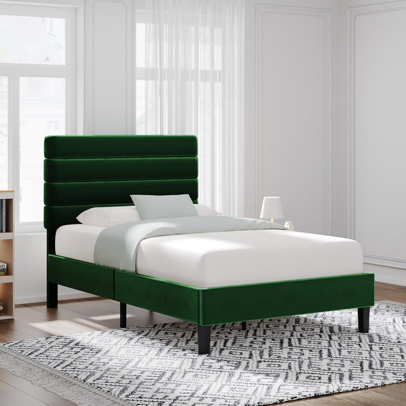 Bed frame with headboard, platform bed frame with velvet upholstered headboard and channel design, Twin, Green