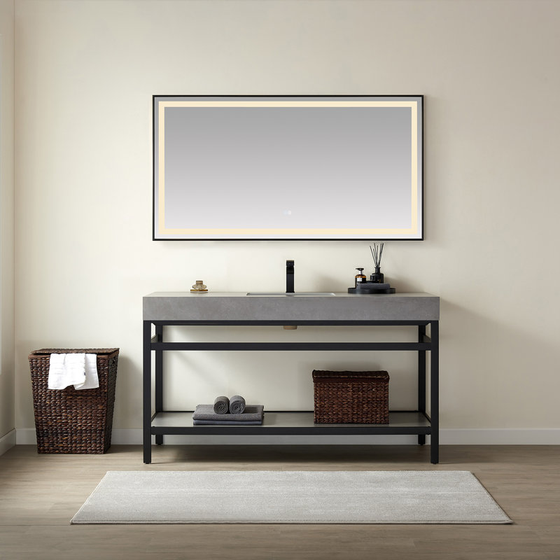 Shahe Funes 60" W x 33.9" H x 22" D Single Bathroom Vanity, Limestone Slab Stone, Matte Black, Matte Black