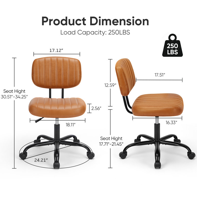 PU-Leather Task Chair, Compact Home Office Armless Chair, Ergonomic Padded Swivel Drafting Chair, Brown