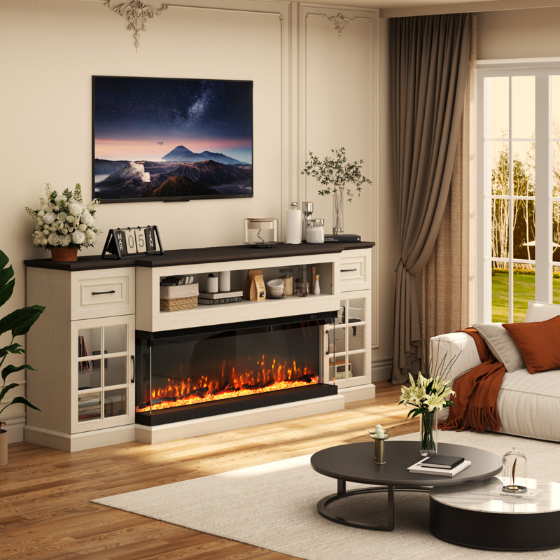 81" Farmhouse Fireplace Tv Stand With 50" 3-sided Electric Fireplace, Led Entertainment Center For Tvs Up To 90'',media Console With Storage Cabinets & Drawers For Living Room,bedroom