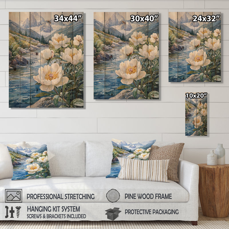 Pivoines et les eaux glaciaires - Art mural en bois de pivoines - sur bois de pin naturel, H 44 po x l 34 po x P 0,78 po
