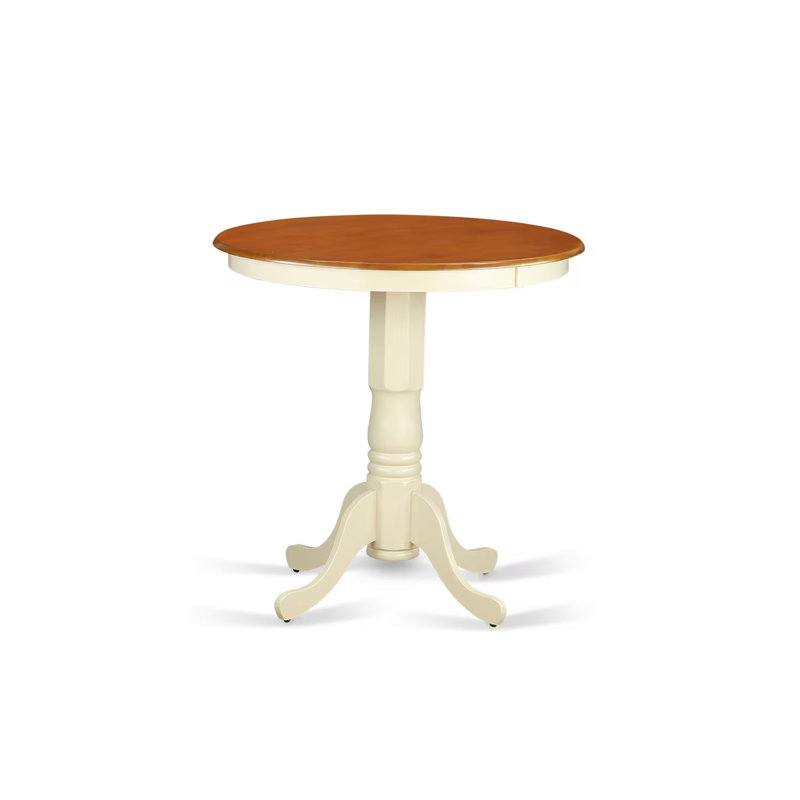 3 Piece Kitchen Counter Height Dining Set Contains a Round Dining Room Table with Pedestal and 2 Linen Fabric Upholstered Chairs, Buttermilk & Cherry