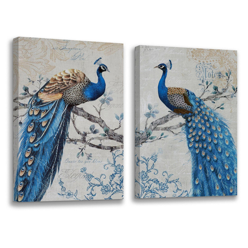 Paon sur une branche, impression sur toile 2 pièces, H 28 po x l 40 po