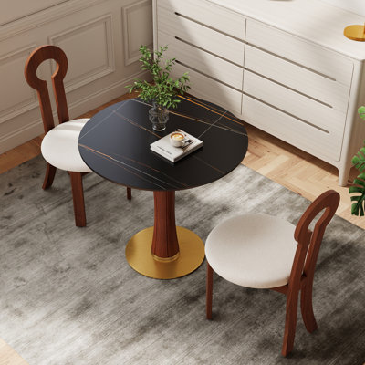 3-Piece 33.46" Mid-century Modern Round Sintered Stone Dining Table Sets With 2 Comfort Upholstered Kitchen Chairs For Small Space, Apartment, Breakfa