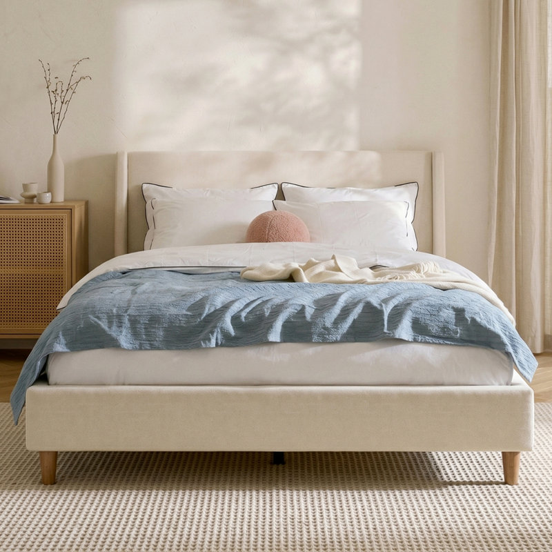 Modern Upholstered Platform Bed with Wingback Headboard and Walnut Wooden Legs, No Box Spring Needed, King, Beige Velvet