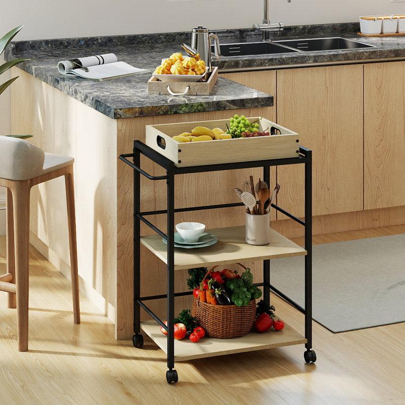 3-Tier Rolling Bar Cart with Detachable Serving Tray, Mobile Kitchen Storage Cart for Tea, Coffee & Liquor, Beige Wood