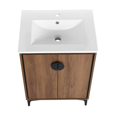 Meuble-lavabo 24 po avec lavabo supérieur, portes d'armoire modernes. Bois d'ingénierie, beaucoup de rangement. Facile à nettoyer et à installer. Brun, matériau en bois de conception américaine, preuve. Assembler propre.