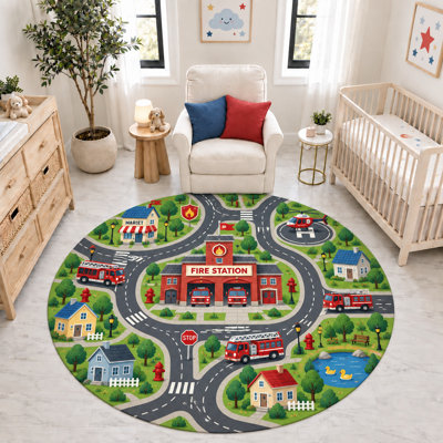 "Ultra Thin" 6' x 6' Fire Station Trucks City Roads Round Area Rug, Soft Low Pile Indoor Rug and Non-Slip Silicone Backing Carpet for Nursery, Kids Room and Playroom