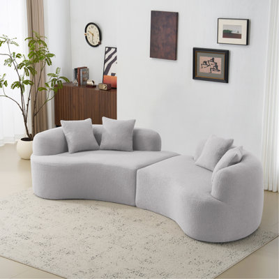 Curved Four Seater Grey Full Compression Sponge Sofa, Teddy Velvet Fabric, No-Assembly Compact Sofa For Small Spaces & Apartments