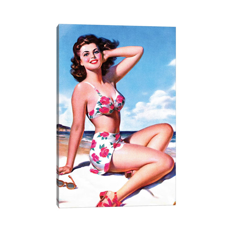 «Full Bloom Bikini Seaside Pin-up» par Piddix - impression sur toile tendue, H 18 po x l 12 po x 1,5 po