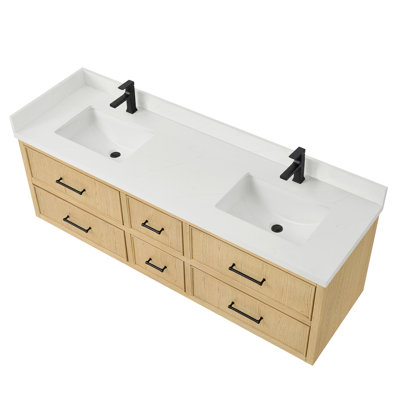 Isola WM 72 Inch Double Wall Mounted Bathroom Vanity in Scandinavian Oak, Giotto Quartz Countertop, Undermount Square Sinks (1-Hole), Matte Black Trim