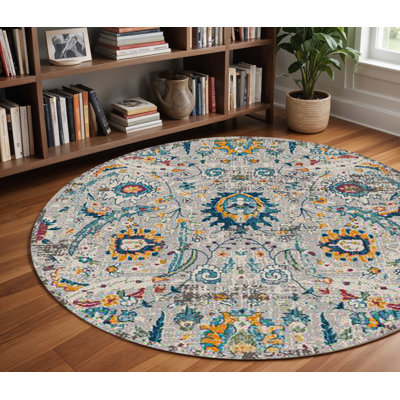 Tapis bleu, gris et orange 8 pi x 8 pi