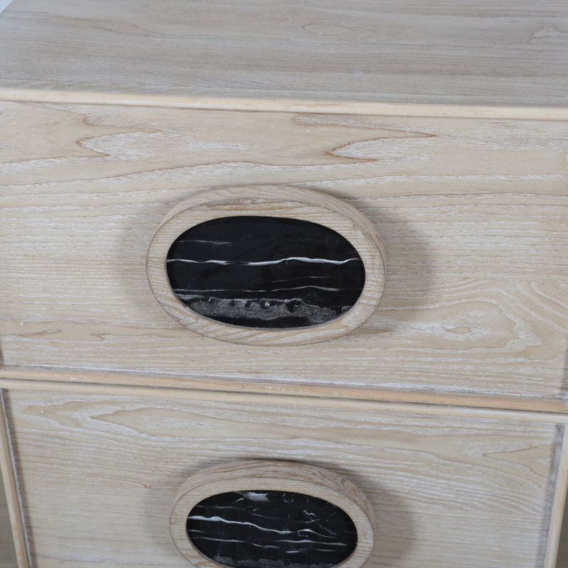 Lulu Light Oak 2-Drawer Nightstand with Black Faux Marble Handles – Fluted Base Modern Accent Table