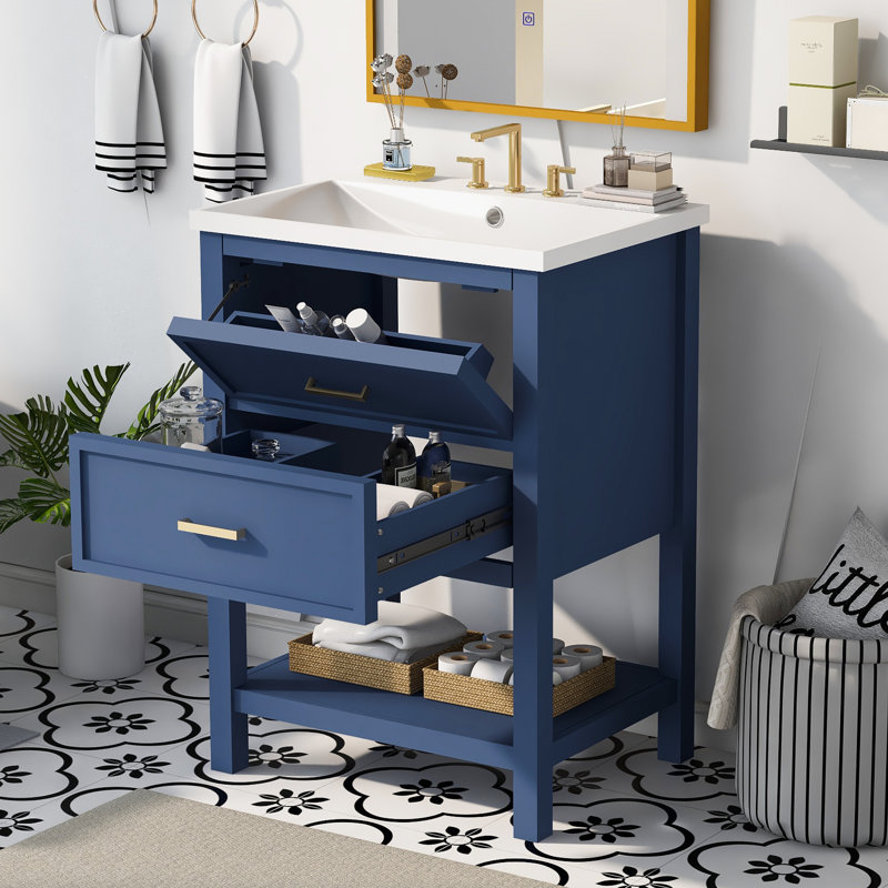  Bathroom Vanity with Resin Sink, Single Basin Cabinet with 2 Drawers for Small Space Storage