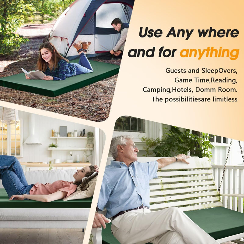 Green Memory Foam Camping Cot Mattress Pad with Non-Slip Bottom