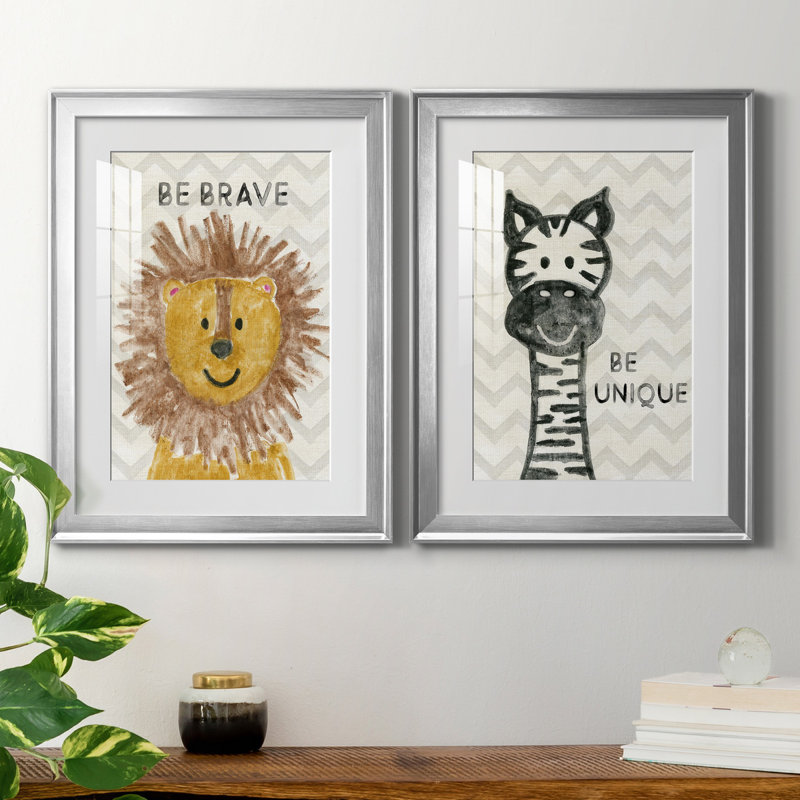 Safari Be Brave - ensemble de 2 reproductions, H 22,5 po x l 61 po x P 1,5 po, Papier avec cadre argenté, Blanc