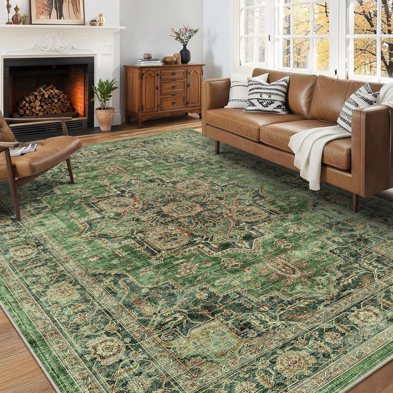 Tapis lavable rétro, tapis à poils courts ultra-doux et antidérapant, Beige/Pink, Rectangle 9'x12'