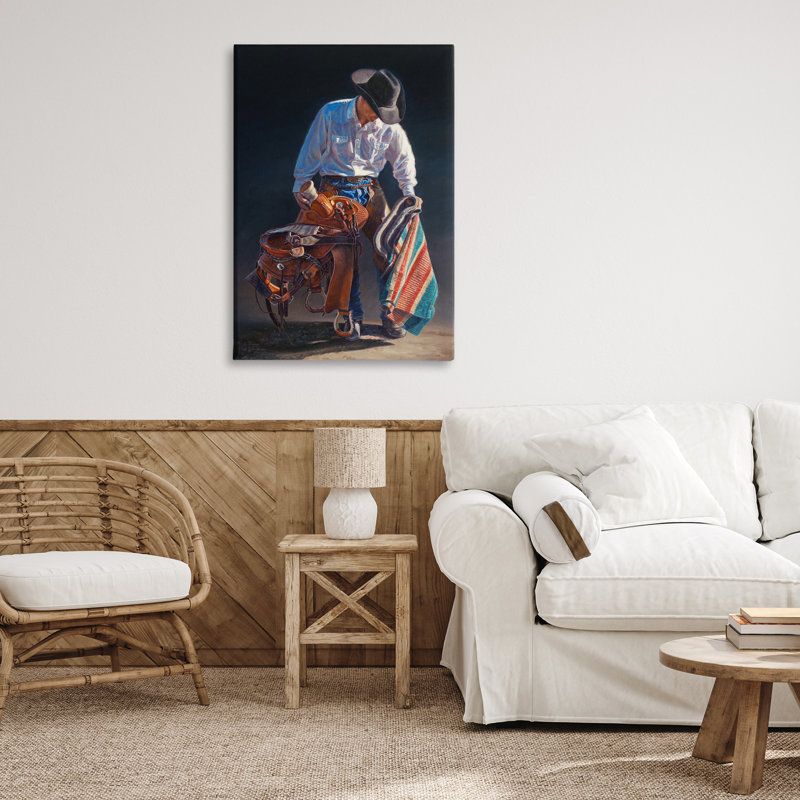 Art mural sur toile Stoic Cowboy & Saddle par David Graham, H 36 po x l 24 po