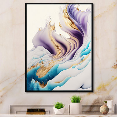 Bleu, or et vagues abstraites mauves I - Peinture sur toile
