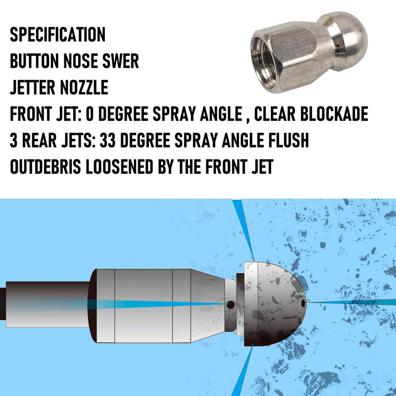 Sewer Jetter Kit for Pressure Washer 100FT, Drain Cleaner Hose 1/4 Inch NPT, Orifice 4.0 Button Nose and Rotating Sewer Jetting Nozzle Spanner Tape Pearl Corsage Pin, 4000 PSI
