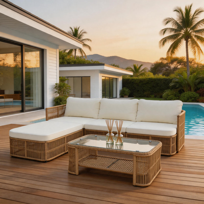 Ensemble de canapé modulaire d'extérieur en osier, canapé de patio en forme de L avec table basse et coussins en verre