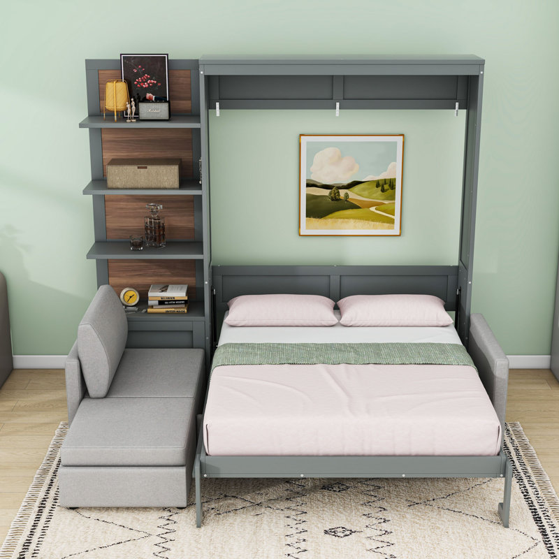 Grand lit escamotable avec canapé et tablettes, Gris