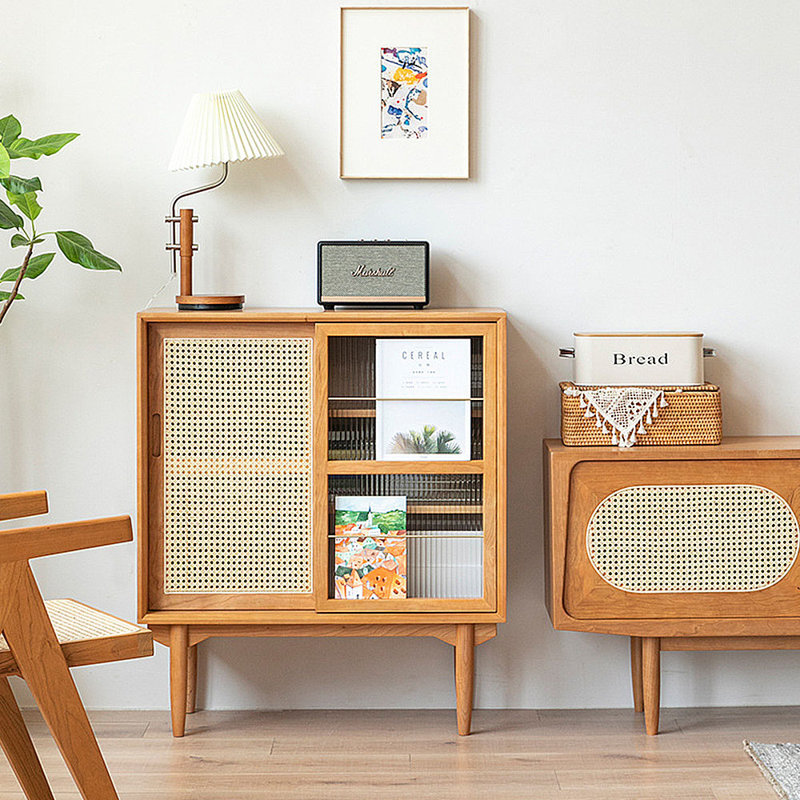 Rattan Glass Door Display Magazine Cabinet
