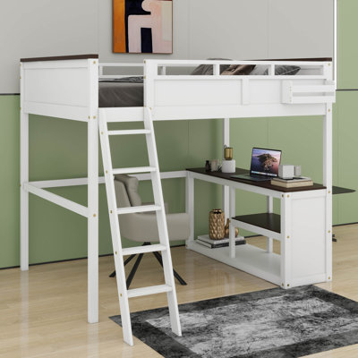 Grand lit mezzanine avec bureau, tablette ouverte, station de charge USB et boîte de rangement