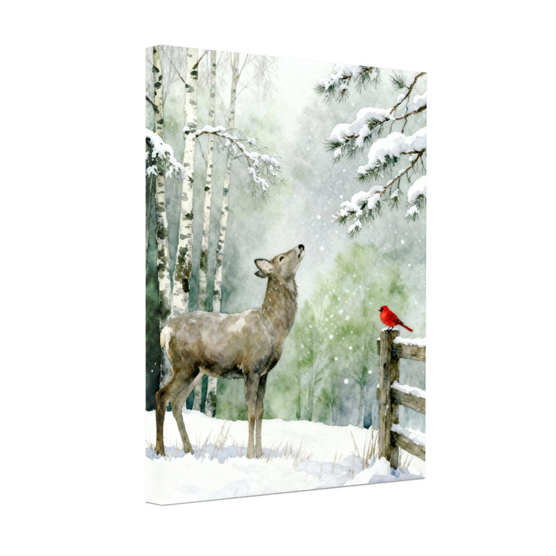 Animaux, hiver, cerf, neige, bouleau, cardinal, clôture, H 30 po x l 20 po