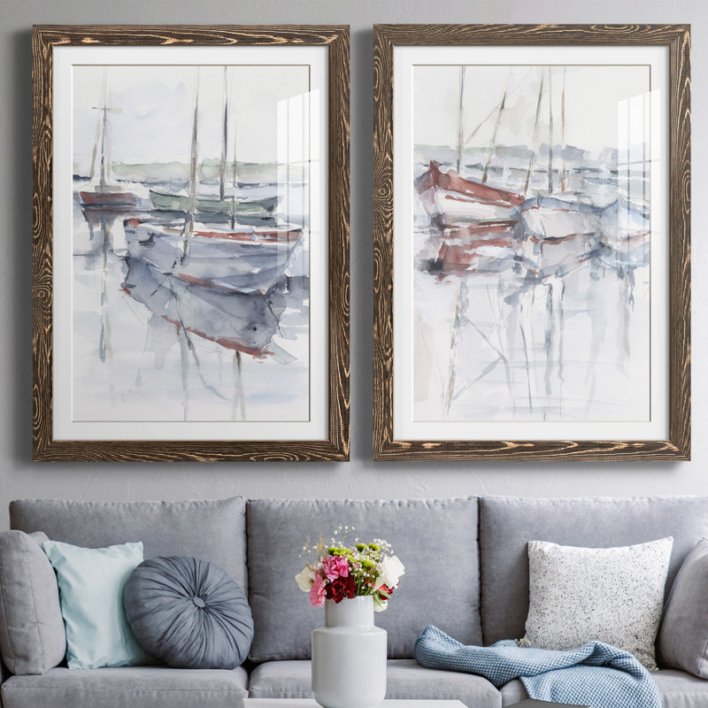 Watercolor Harbor Study I encadré mat - prêt à accrocher, Encadré de bois de noyer, H 31,5 po x l 47 po x P 1,5 po