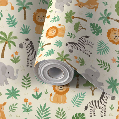 Papier de contact à peler et coller, animaux de la jungle tropicaux, auto-adhésif et amovible 24 po x 118 po (60 x 300 cm)