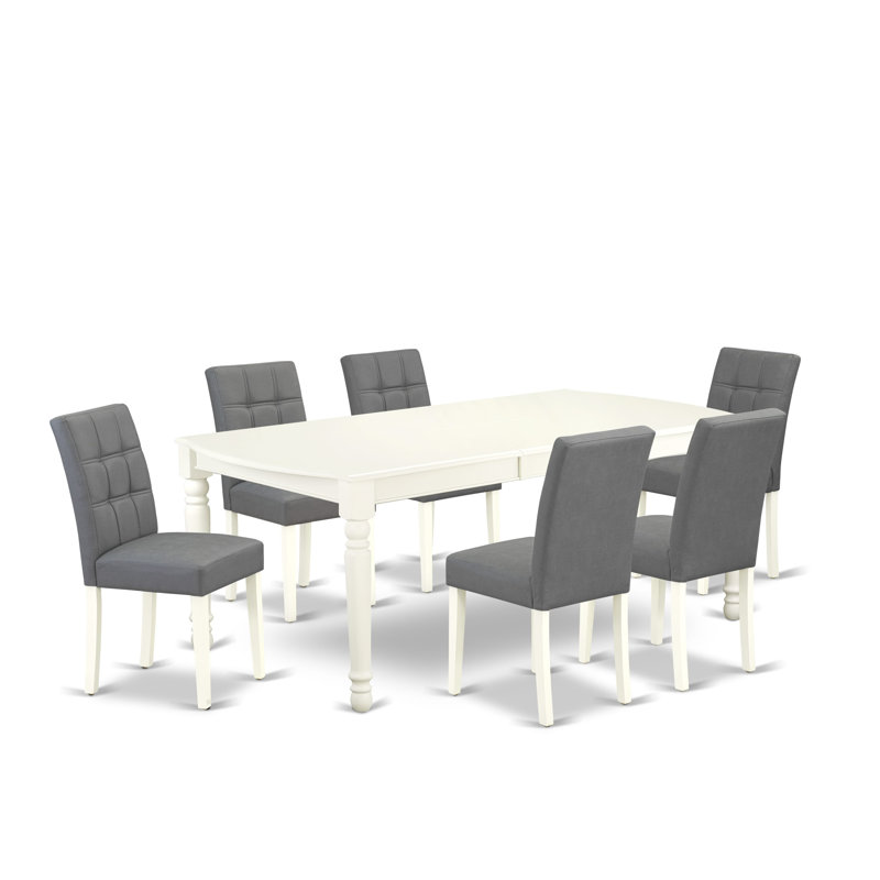 7 Piece Modern Dining Table Set Includes A Wood Table and 6 Platinum Gray Polyester Fabric Padded Chairs with Stylish Back- Linen White Finish
