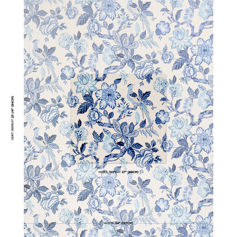 Huntington Floral Paper Wallpaper Roll by Timothy Corrigan, Bleu Marine