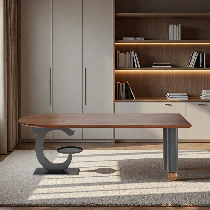 Bureau brun semi-circulaire à usage domestique, bois massif, H 29,53 po x l 70,87 po x P 31,5 po