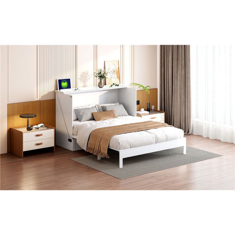 Lit escamotable double avec grands tiroirs, blanc, Lit double, Blanc