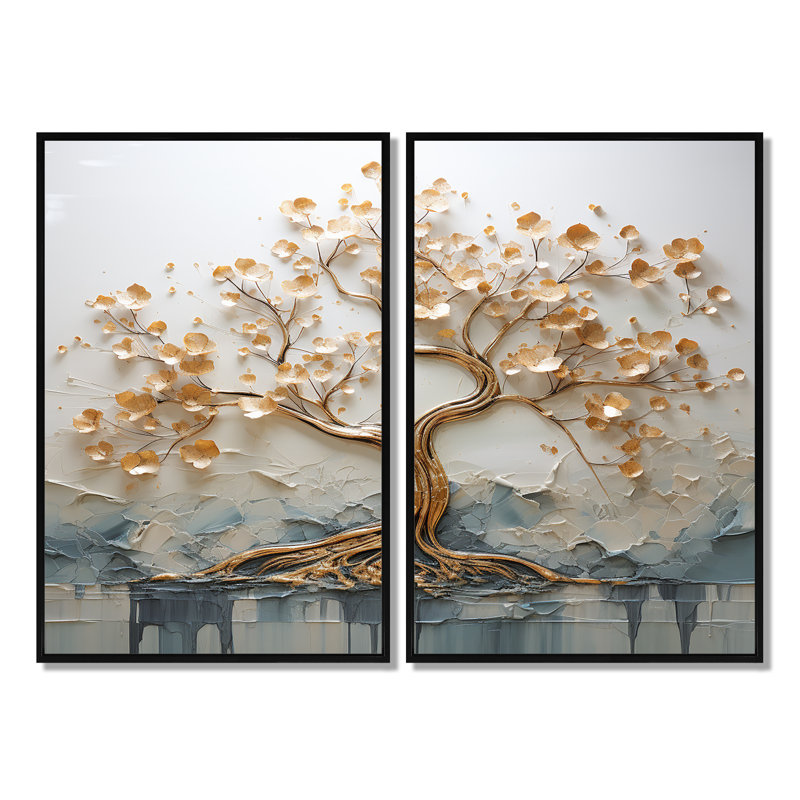 Arbre doré dans un lac au début du printemps I - décoration murale moderne, H 36 po x l 48 po, Noir