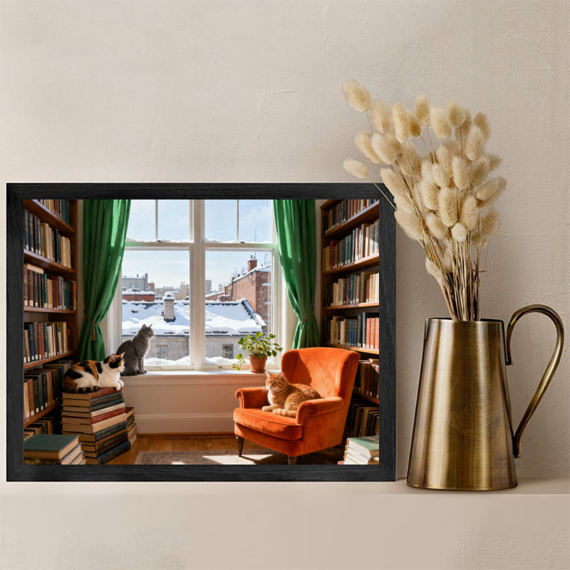 Reproduction d'art encadrée noire, "Les chats dans la bibliothèque ensoleillée", H 25 po x l 37 po