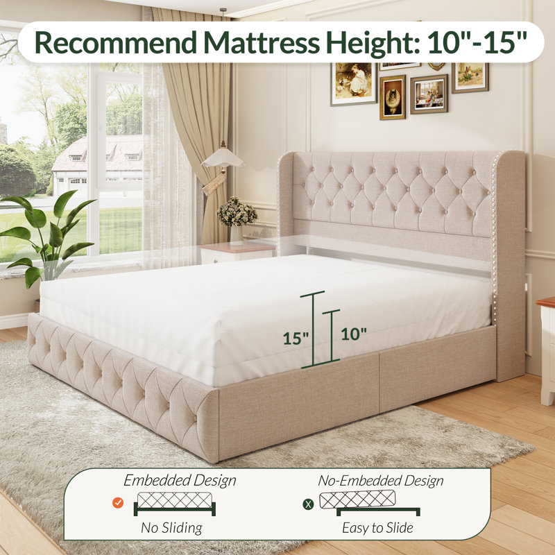 Beige Upholstered King Bed, Upgrade Your Bedroom with Wingback Tufted Headboard and Large Storage Drawers, Beige