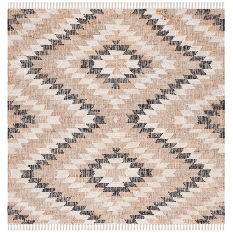 Euscebio Southwestern Hand-Loomed Jute/Sisal Area Rug in Natural/Black, Square 6'