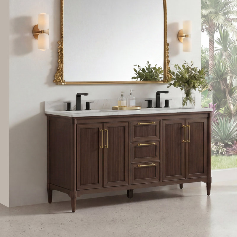 Meuble-lavabo autoportant 60 po avec lavabo blanc Carrara 60 po, texture cannelée, entièrement assemblé, Brun