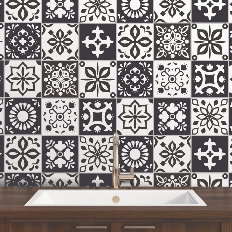 Stewie Marjorelle Moroccan Wall Tile Sticker Set - 15 cm x 15 cm, Black/White