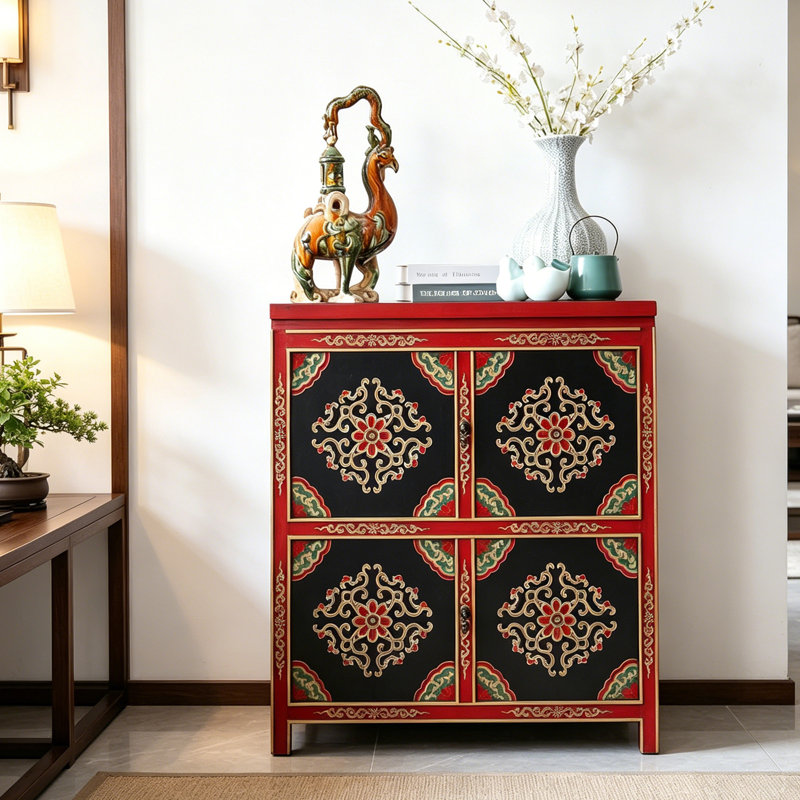 Vintage Distressed Hand-Painted Console Cabinet, Noir / Rouge, Rouge