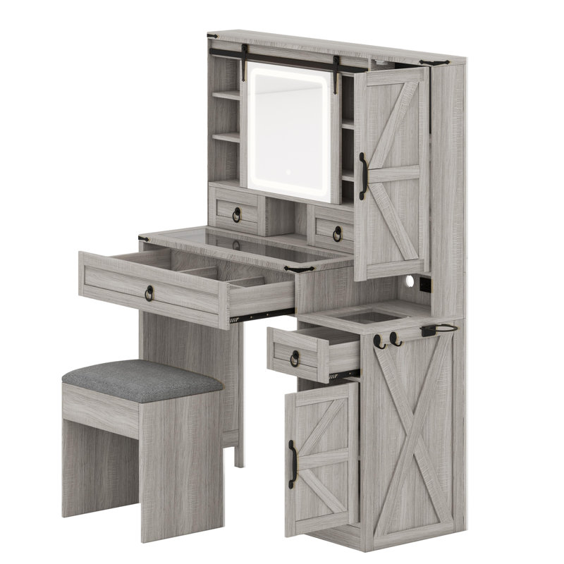 Complete Vanity Set Featuring Sliding Mirror, Illuminated Lights, and Storage Cabinets, Gray