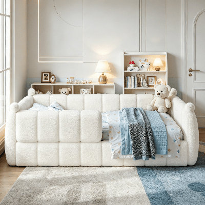 Lit de sol rembourré doux, lit plateforme pour enfants avec rails de sécurité entourant le lit, structure de lit d'enfant bas au sol, lit de jour bas, lit à profil bas pour chambre d'enfant et chambre d'amis