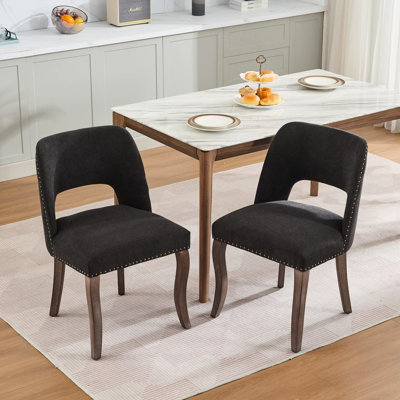 Chaises de salle à manger noires, tissu moderne recouvert de 2, conception évidée, courbé avec des clous en cuivre faits à la main, respirant et usé, système à double rebond, pieds en bois d'hévéa massif pour les salles d'art 2 américaines