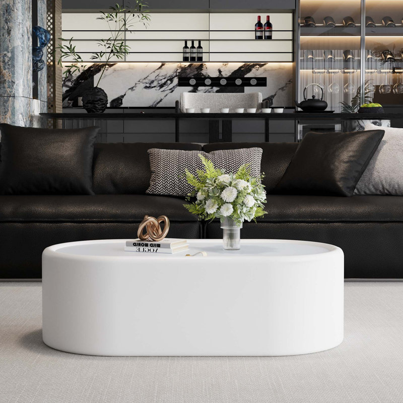 Table basse moderne ovale avec rangement caché et plateau en verre trempé, White